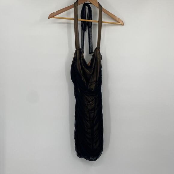 Lucy in the Sky Ruched Bodycon Halter Mini Dress Mesh Sheer Black Over Gold M - Picture 2 of 7